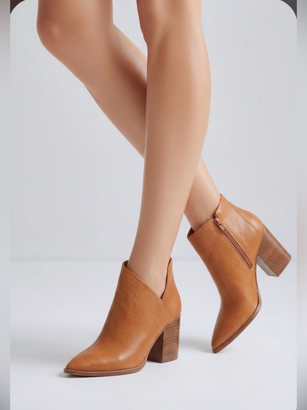 Women's Tan Leather Zip-Accent Ankle Booties